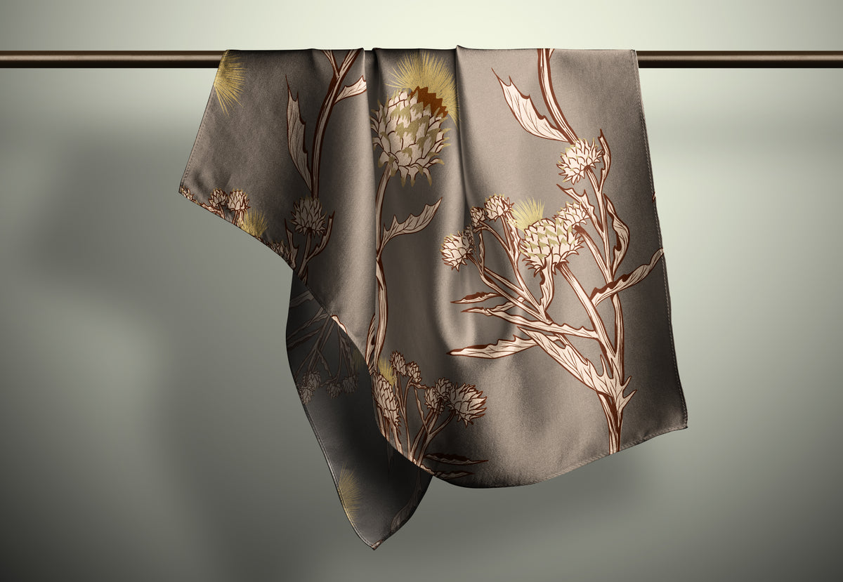 Artichoke Bloom Print Silk Habotai Scarf