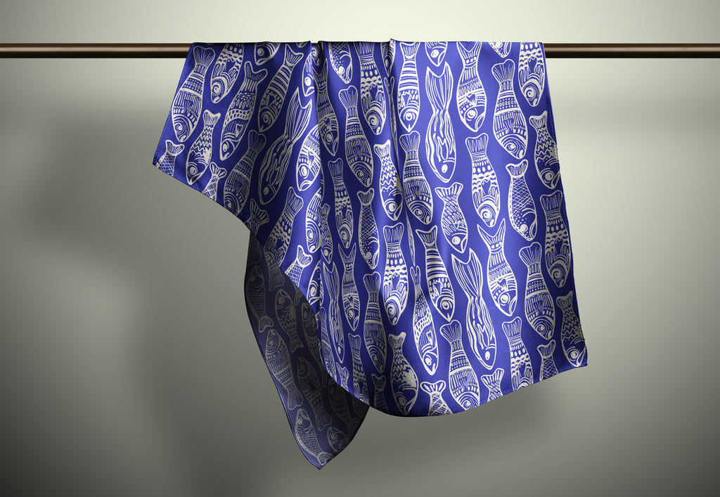 Fish Parade Print Silk Habotai Scarf
