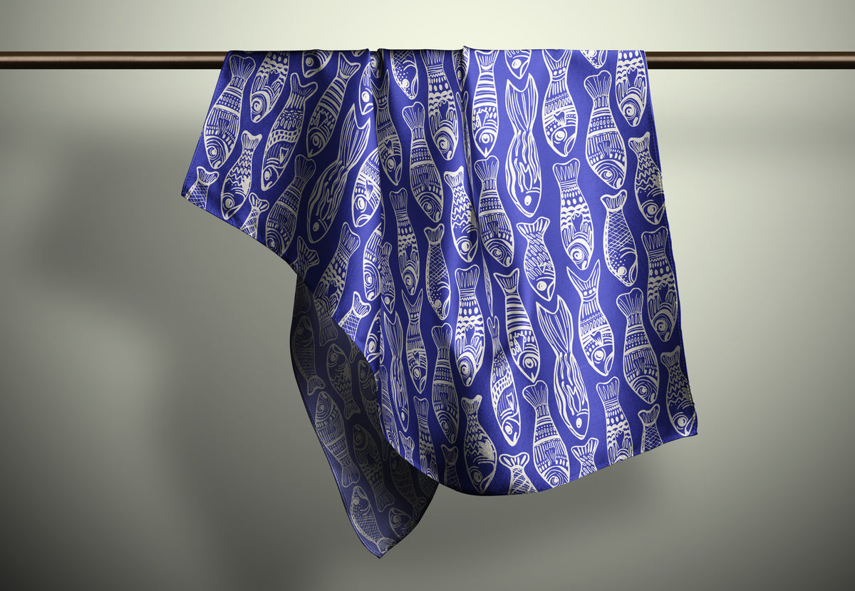 Fish Parade Print Silk Habotai Scarf